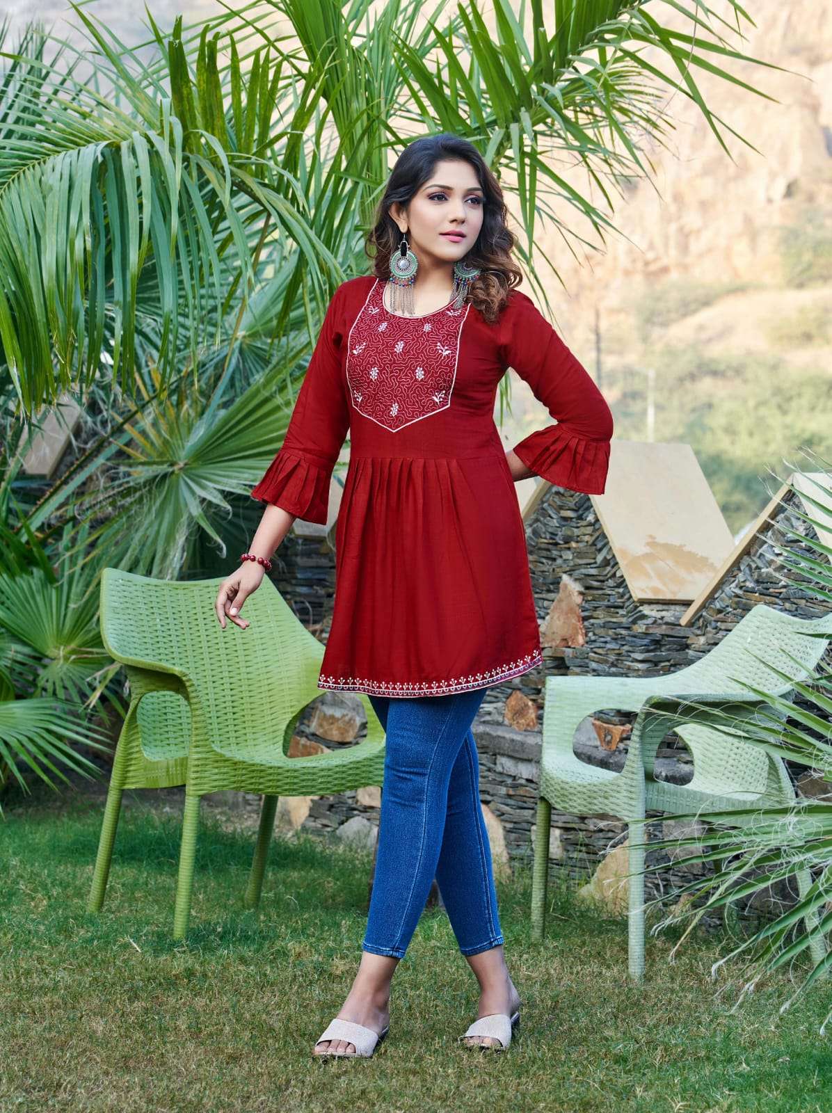 BUBBLY VOL 09 BY TIPS & TOPS BRAND PRESENTS HEAVY RAYON SLUB WITH HEAVY EMBROIDERY WORK WESTERN SHORT TOP WITH 34TH SLEEVES-1005